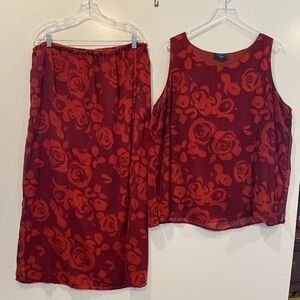 Rag Two Piece Red Rose Print Skirt Set Womens Top Size 2X Skirt Size‎ 1X (305)